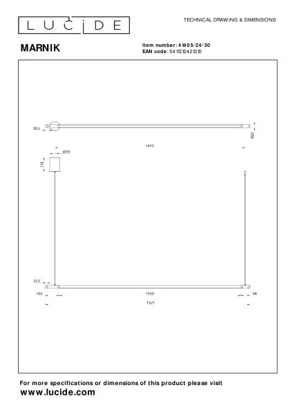 Lucide Premium MARNIK - Pendelleuchten - Ø 2,5 cm - LED Dim. - CCT - 1x22W 2700K/4000K - Hand-Bewegungssensor - Schwarz - technisch